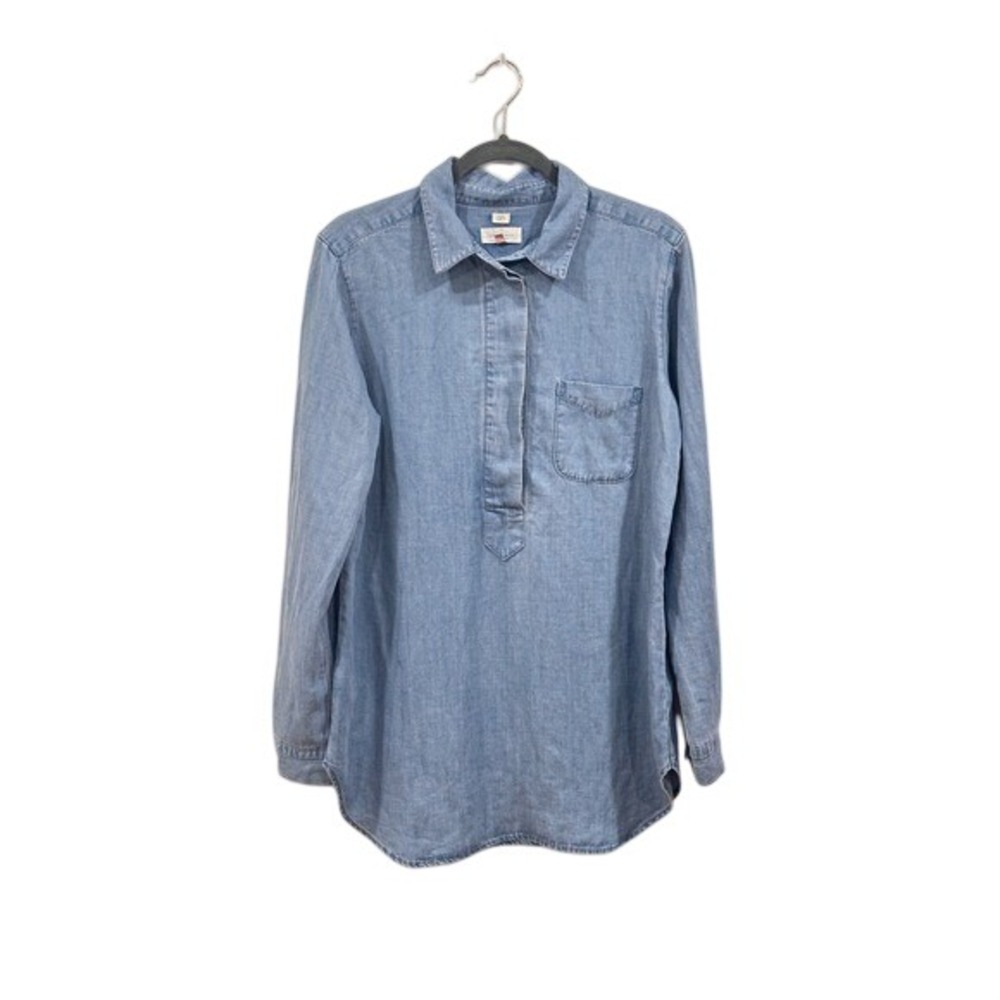 Loft Softened Shirt Womens Medium Blue Denim Lyocell Linen Tunic Long Sleeve